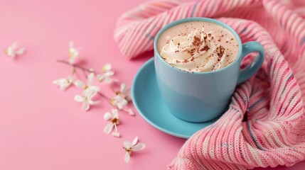 Hot chocolate blue cup on a pink background