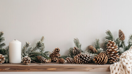 A white candle and pine cones are displayed on a wooden shelf with frosted greenery