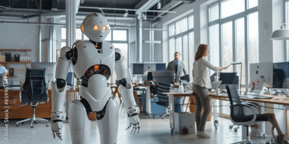 Poster robotic machine standing at camera surrounded with working colleague planning and walking at table w