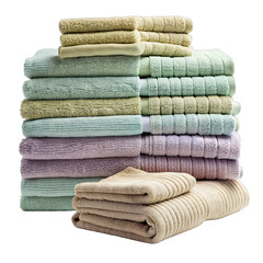 A stack of folded towels in various shades of green, purple, and beige, neatly arranged on a black background. Generative AI