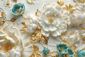 3D abstract art background with golden flowers and teal blue peonies