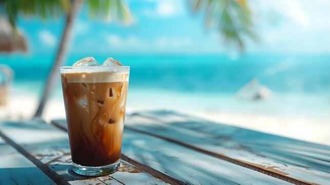 Ice latte coffee on a wooden table with a blurred beach background