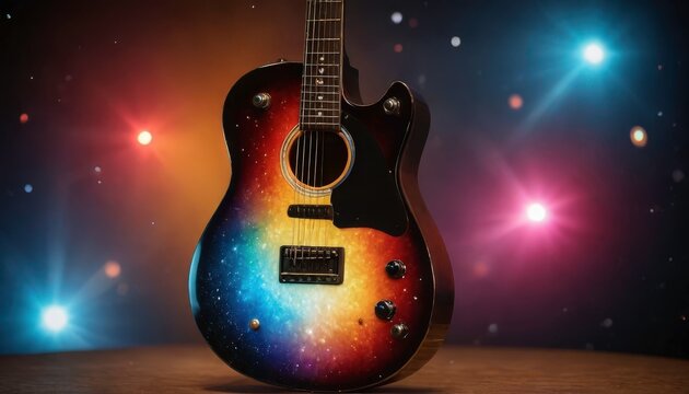 Acoustic Guitar with Galaxy Design on Wooden Surface with Lights.