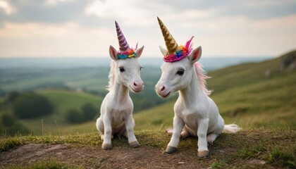 Obraz premium Two Adorable Mini Horses Dressed as Unicorns.