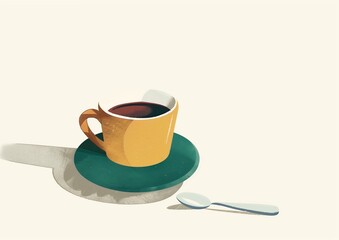 Minimalist Illustration of a Coffee Cup with Spoon and Saucer