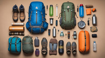 A flat lay composition of outdoor adventure gear laid out on a camping tent floor. Include items such as a backpack, hiking boots, a compass, a water bottle, and a sleeping bag, with room for outdoor 