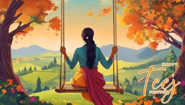 Happy Hariyali Teej Festival Poster Design with A festive beautifully adorned marigold decorated swing (jhula) and diya lamps with intricate floral decorations