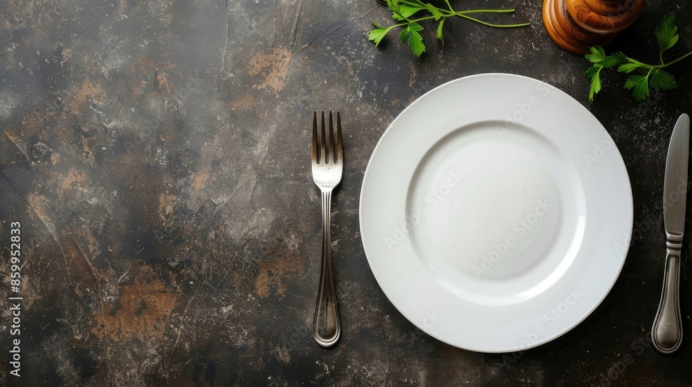 Poster ceramic plates on table with card and menu template tableware with copy space