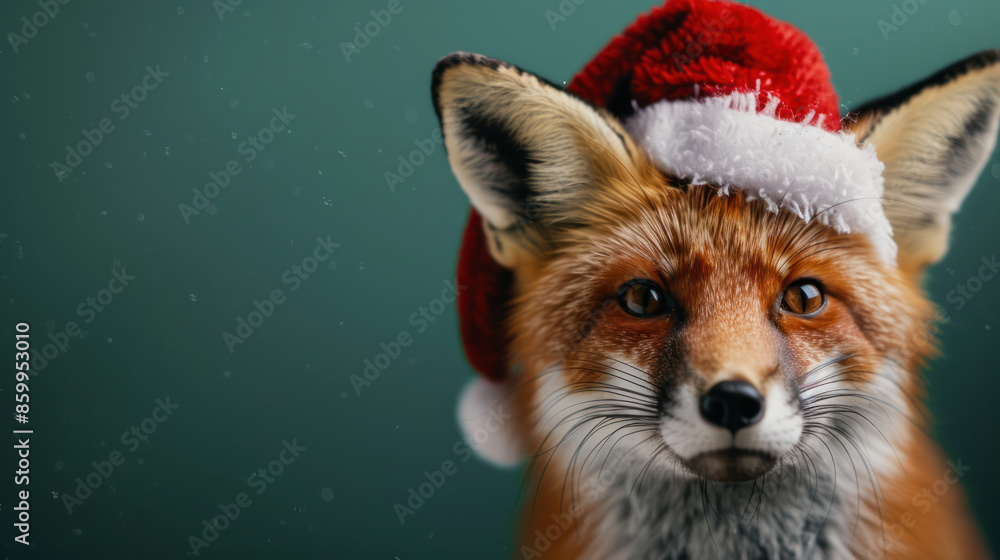 Wall mural close-up of a red fox wearing a santa hat, looking at the camera