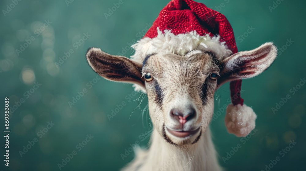 Wall mural A white goat with a red Santa hat on, looking directly at the camera, with a green background