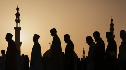 Silhouettes of men walking in a muslim funeral procession with mosque in the background, sunset lighting