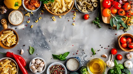 Kitchen table with vegan food ingredients for a healthy vegan pasta preparation