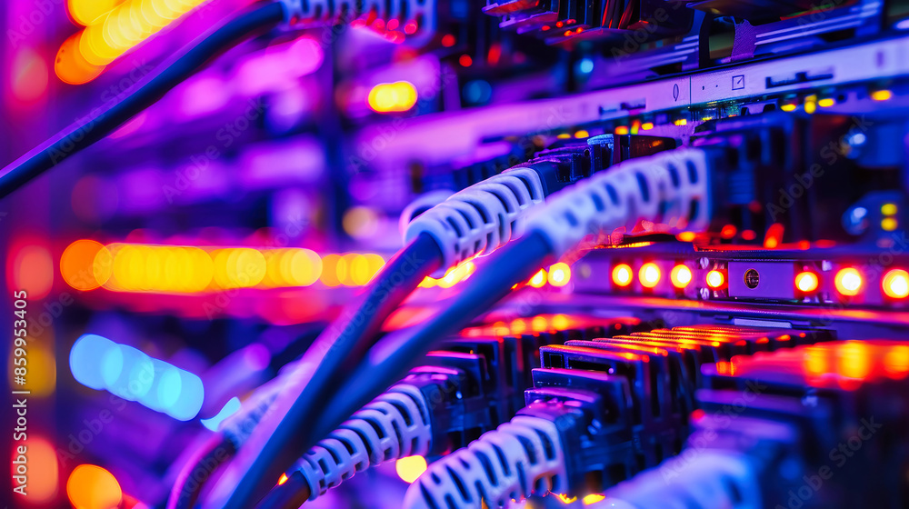 Poster a close-up view of network cables plugged into a server rack, illuminated by colorful lights