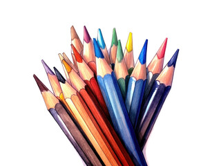 Fototapeta premium Collection of colored pencils on isolated on transparent background. Watercolor illustrations Back to School. Writing accessories for posters, posters, cards, holiday decor