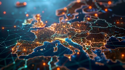 Futuristic European map, highlighting network connectivity and information flow