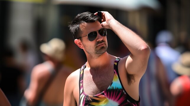 A poorly dressed caucasian man wearing a colorful tank top and sunglasses on a warm summer day, displaying lack of style.
