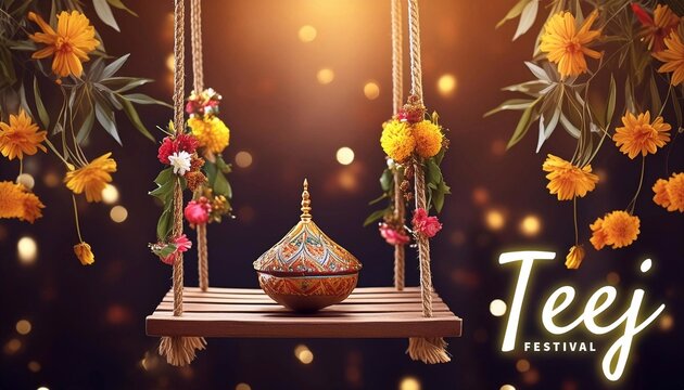 Happy Hariyali Teej Festival Poster Design with A festive beautifully adorned marigold decorated swing (jhula) and diya lamps with intricate floral decorations