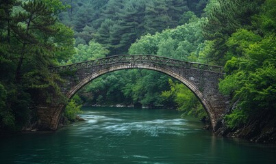 Fototapeta premium An old, stone bridge arching over a serene river with dense forest on either side