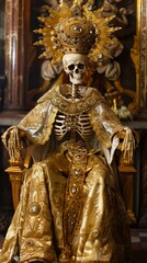 Obraz premium A skeleton in a golden dress sitting on a chair.