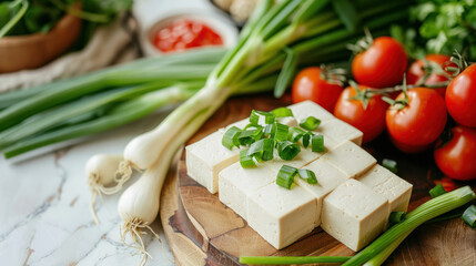 Fresh tofu, scallions, and tomatoes on a wooden board. Cubed tofu with scallion greens, red ripe tomatoes, and bright green scallions