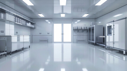 A pristine, industrial freezer room with gleaming white walls, stainless steel equipment, and a large, clear doorway. 
