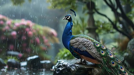 Male peacock sitting on a rock on a rainy day in park