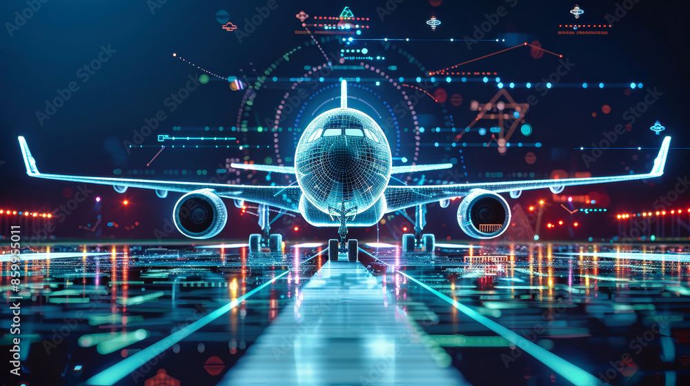 Poster a futuristic plane, rendered in a digital style, sits on a glowing runway with data and lines swirli