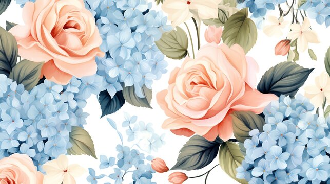 Seamless pattern with pink roses and blue hydrangeas on a white background.