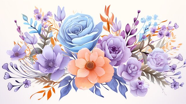 Watercolor floral bouquet with blue, purple and peach flowers.