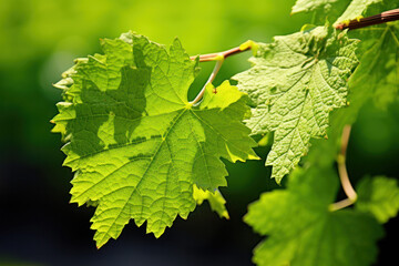 A close-up view of green grape vine leaves illuminated by sunlight
