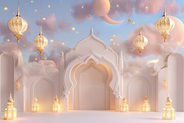 Obraz premium Eid al-Fitr celebration marking end of Ramadan, featuring colorful decorations and joyful gatherings. Festive Eid al-Fitr scene with people celebrating the end of Ramadan Generative AI