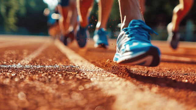 A close-up shot of a runners blue sneakers as they cross the finish line on a sunny day