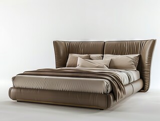 Obraz premium A bed with a leather headboard and a white sheet.