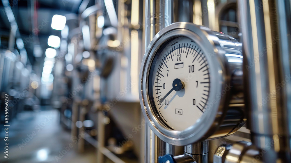 Poster a close-up of a temperature sensor gauge mounted on a pipe in a modern industrial setting. the gauge