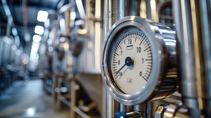 A close-up of a temperature sensor gauge mounted on a pipe in a modern industrial setting. The gauge displays the current temperature, reflecting the ongoing process within the facility