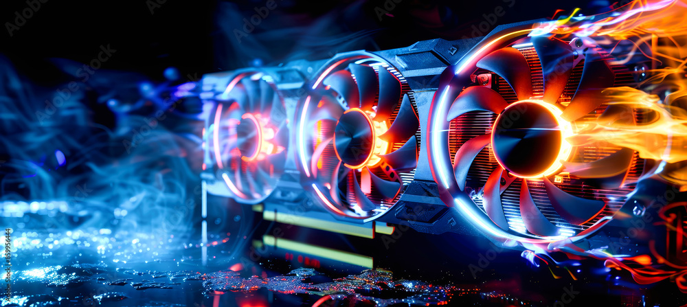 Poster a close-up shot of a high-performance graphics card with multiple cooling fans, emitting a vibrant g