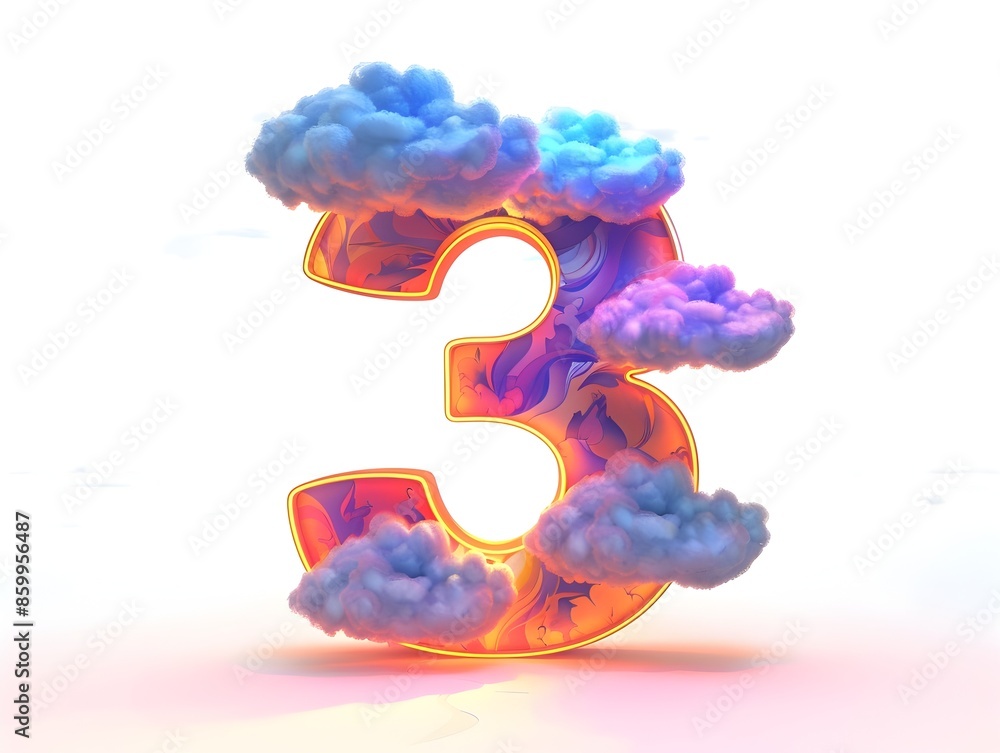 Poster Vibrant 3D Numeric Design in Glowing Cloud Twilight Scene on White Background