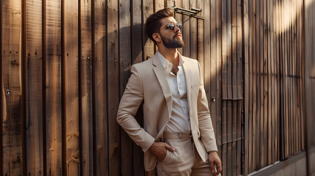Handsome confident stylish hipster lambersexual modelSexy modern man dressed in elegant beige suit Fashion male posing in the street near wooden fence wall in city at sunset : Generative AI