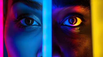 Collage of closeup male and female eyes isolated on colored neon backgorund Multicolored stripes Flyer with copy space for ad Concept of equality unification of all nations ages and in : Generative AI