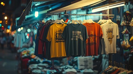 Multiple t shirts hung on display at a roadside clothing during the night