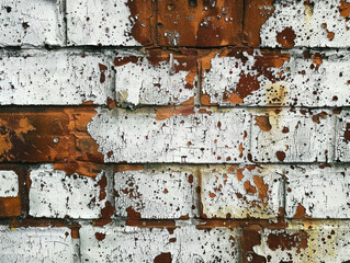 A close-up view of a brick wall with white paint peeling off, revealing the red brick underneath