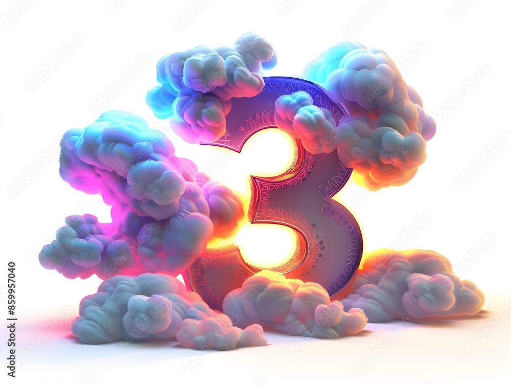 Poster vibrant 3d rendered number 3 encapsulated in glowing clouds against twilight sky