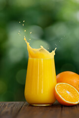 glass of orange juice with splash and fruits on table with green garden on the background