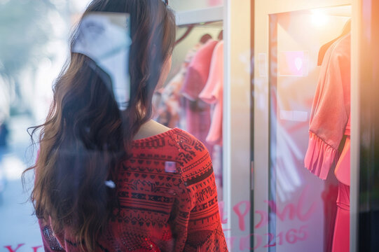 Virtual try-on for fashion: Woman using augmented reality to try on clothes online.