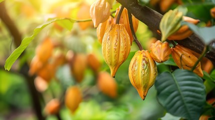 Orange color cacao pods on tree