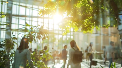 Amidst a modern office setting, a soft-focus view of bustling activity with people moving, complemented by lush green trees and natural sunlight filtering through, symbolizing a  