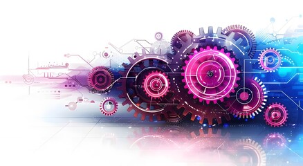 Background composition of purple-blue gears isolated on a white background. Abstract technology background with spots. Movement effect.