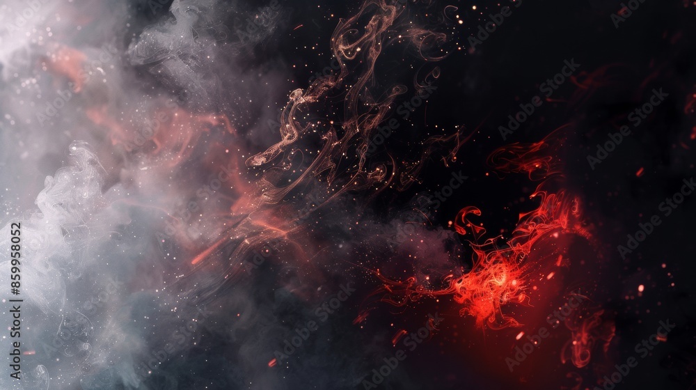 Poster abstract elements and a red smoke element in the bottom right corner