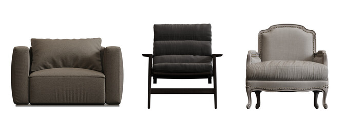 armchair isolate on a transparent background, comfortable furniture for home interior, 3D illustration, cg render