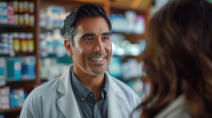 Fototapeta premium A man in a white lab coat is smiling at a woman in a white shirt. Scene is friendly and positive